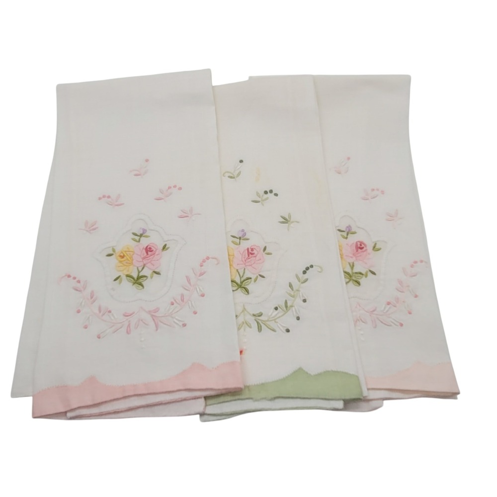 Vintage Embroidered Floral Hand Towel Set 3pc Pink Green Scalloped Roses White